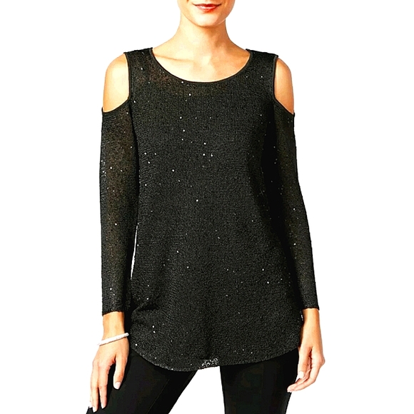 Alfani Tops - NWT 👚ALFANI cold shoulder sequined top. BLACK SEQUINS